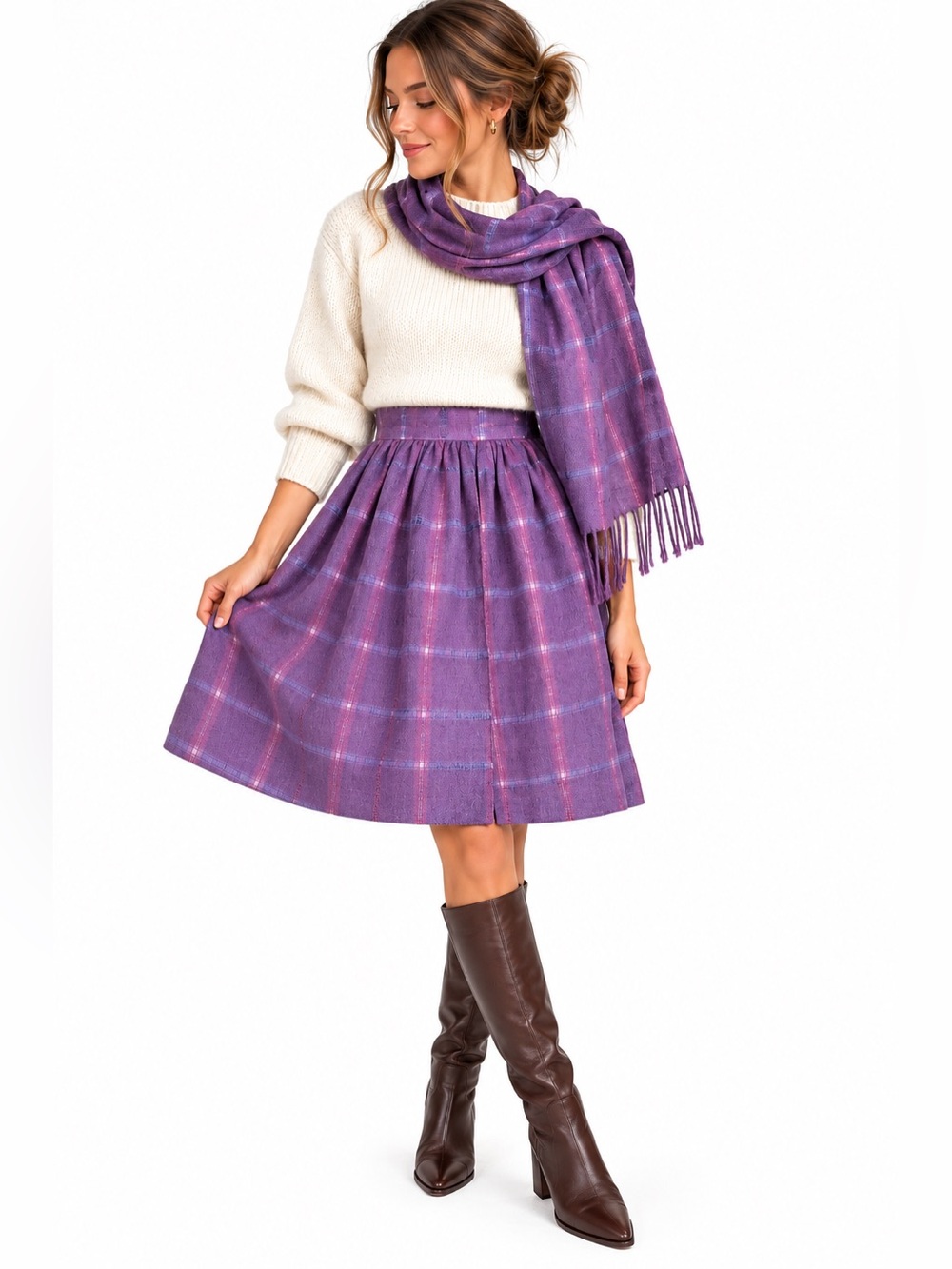 Vintage Irish Handwoven Wool Purple Plaid Skirt Scarf XS Cottagecore